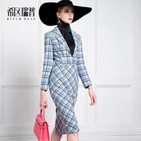 high end temperament lattice slim skirt 2021 spring and autumn fashion suit collar over the knee dress
