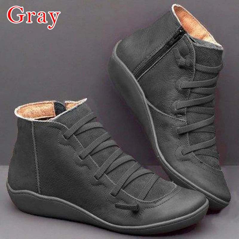 Gray Популярные женские ботильоны из искусственной кожи; сезон осень-зима; женские Винтажные ботинки в стиле панк с перекрестными ремешками; женская обувь на плоской подошве; botas mujer - Цвет: Gray