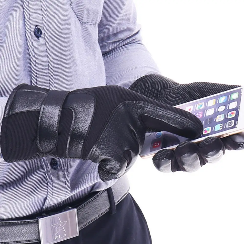 Лыжные перчатки теплые зимние мужские кожаные с сенсорным экраном Нескользящие