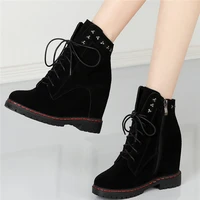 new women black lace up genuine leather high heel platform pumps shoes female high top round toe rivet riding boots casual shoes
