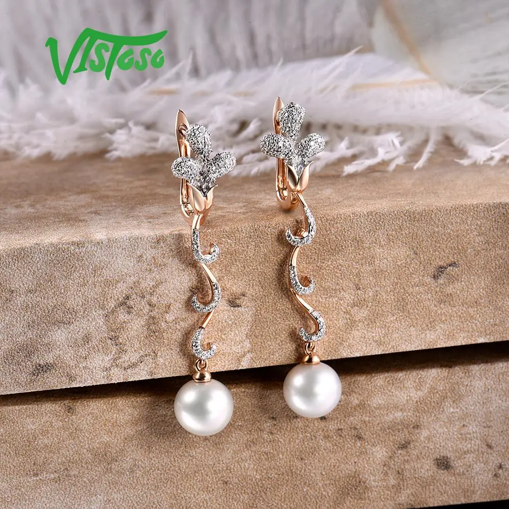 VISTOSO Pure 14K 585 розовое золото сверкающие бриллианты элегантные жемчужные серьги
