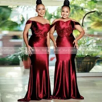 Off the Shoulder Wine Red Bridesmaid Dresses With Sequins Applique Shiny Satin Women Plus Size Burgundy Mermaid Bride Maid Dress
