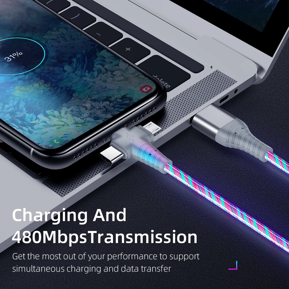 3 in 1 led luminous micro usb type c glowing charging cable for iphone 13 12 11 pro huawei xiaomi note cell phone charger cable free global shipping