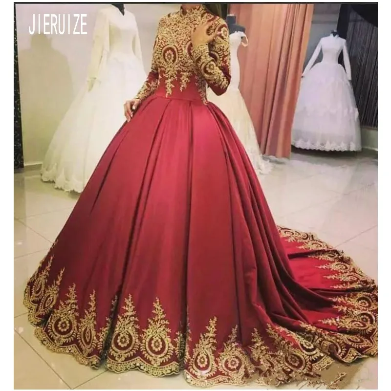 

JIERUIZE Modern Burgundy Muslim Wedding Dresses Long Sleeve High Neck Gold Lace Appliques Bridal Gowns Arabic Vestido De Noiva