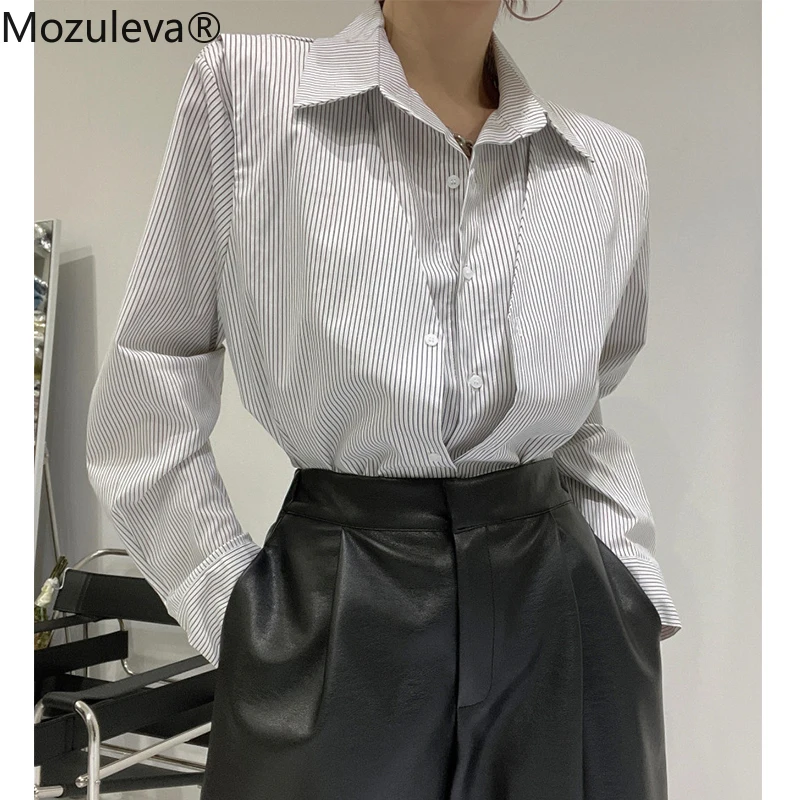 

Mozuleva 2022 Spring Fake Two-piece Female Striped Shirts Tops Casual Lapel Loose Lace Up Women Chic Cotton Blouse Shirts