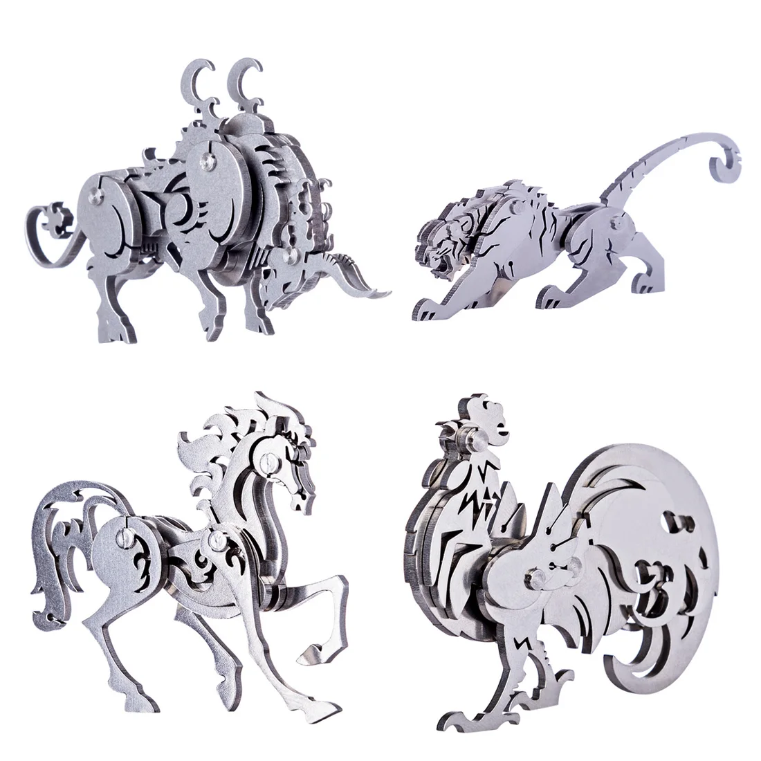 

4pcs Metal DIY Assembly Puzzle Detachable Model 3D Stainless Steel Ornaments Assembly Toys -Tiger+Cattle+ Cock+ Horse + Tools