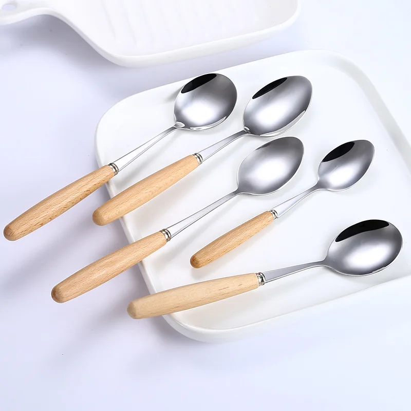 

5 Pcs Spoon Sets Stainless Steel Table Set Wooden Handle Round Shape Coffee Spoon Dinner/Dessert Tea Spoons Drop Shipping