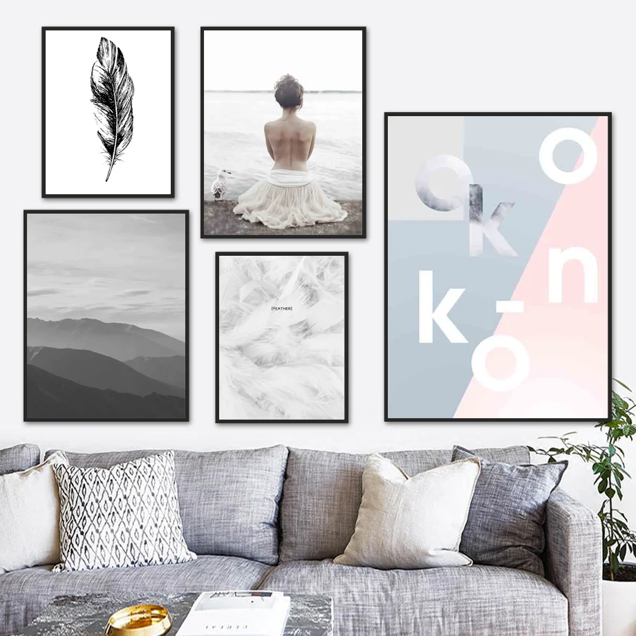

Sea Girl Body Feather Mountain Sky Quote Wall Art Canvas Painting Nordic Posters And Prints Wall Pictures For Living Room Decor