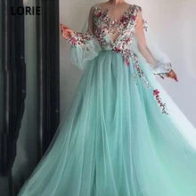 LORIE Arabic Evening Dresses Appliques 3D Flowers Long Sleeve Tulle Green Fairy Prom Gown Celebrity Party Dress for Teens (2)