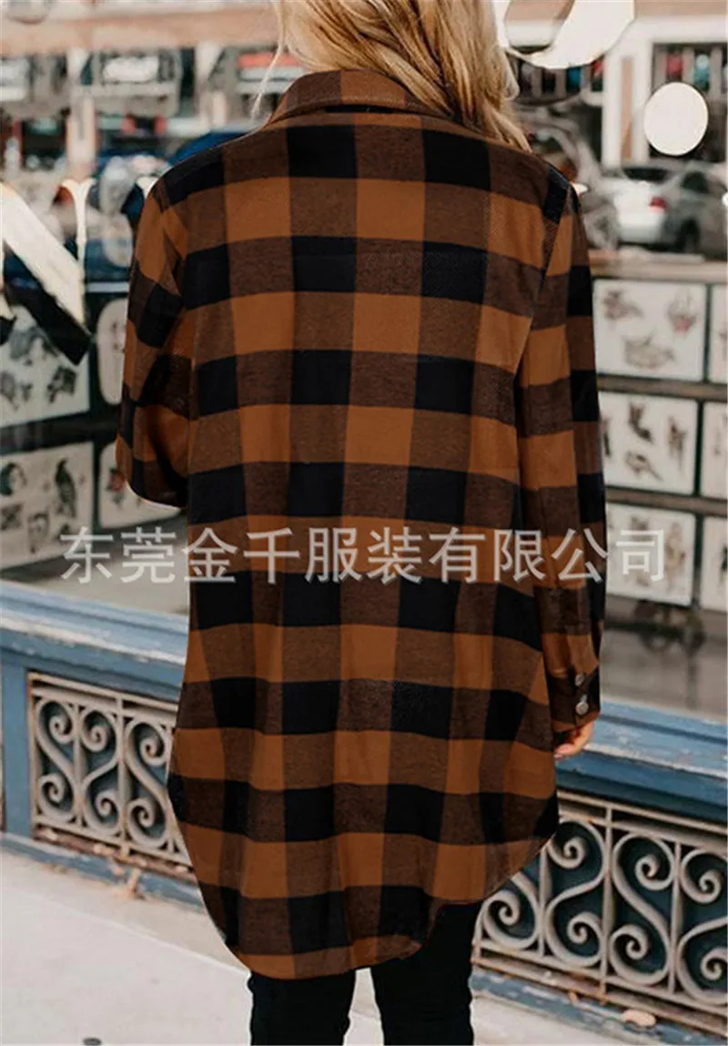 

Fashion Women Plaid Print Shirts Patchwork Design Button Decor Turn-down Collar Long Sleeve Spring Autumn Casual Long Top