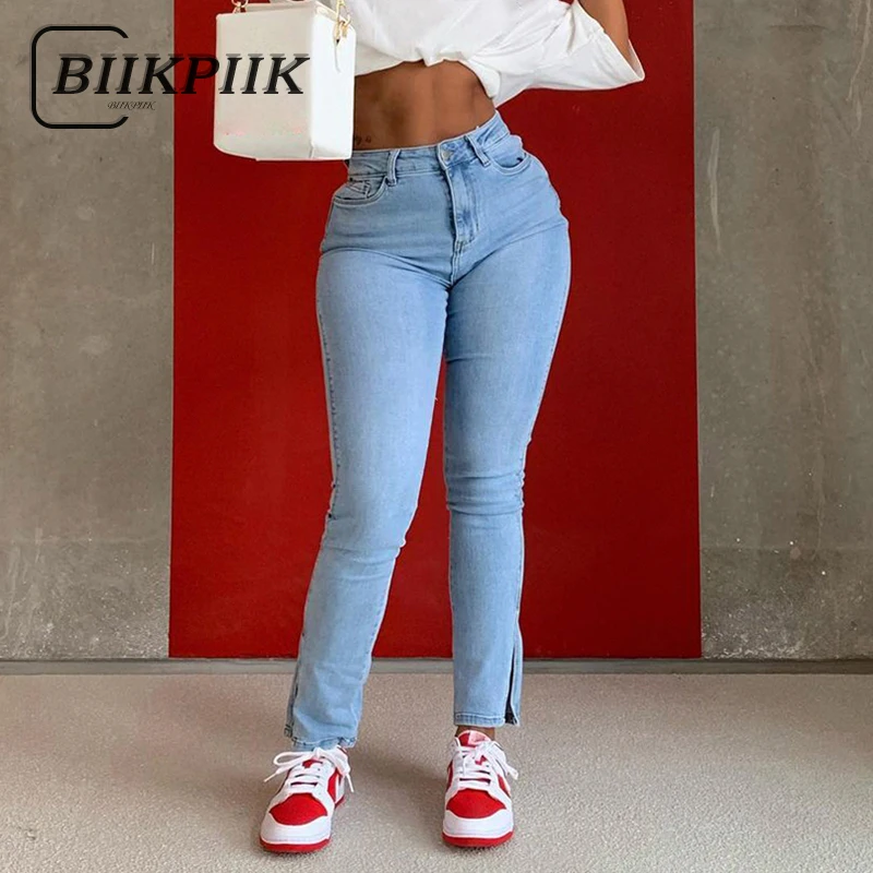 

BIIKPIIK Vintage Retro Elastic Mid-Waist Jeans Casual Streetwear Women's Clothes Bodycon Slimming Slit Long Denim Trousers Solid
