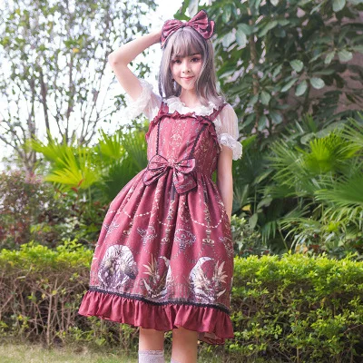 

JSK Gothic Lolita Dress Sweet Girl Cute Printing Vintage Falbala Bowknot Kawaii Height Waist Cosplay Costume Headress