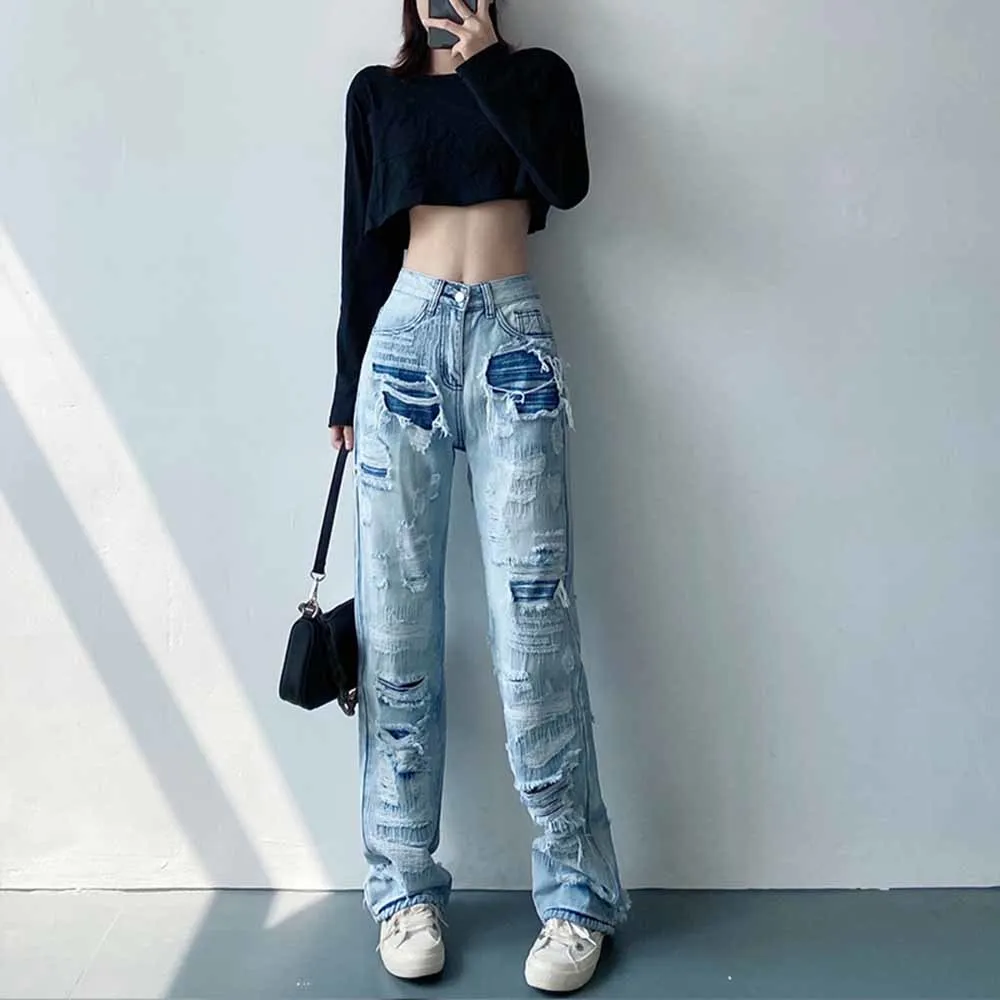 

Hip Hop Distressed Streetwear Ripped Flared Jeans Biker Tailored Embroidered Washed Destroyed Hole Flare Denim Trousers women