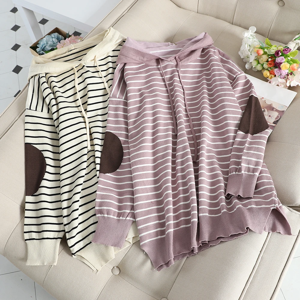 Свободный вязаный полосатый тонкий Повседневный пуловер с капюшоном осень 2019