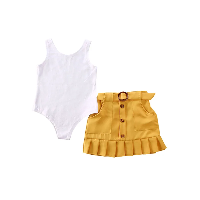 

Pudcoco 1-5Y 2Pcs Toddler Kids Baby Girl Clothes Sets Sleeveless Solid Romper Top+Yellow Pleated Skirt Summer Outfit Set