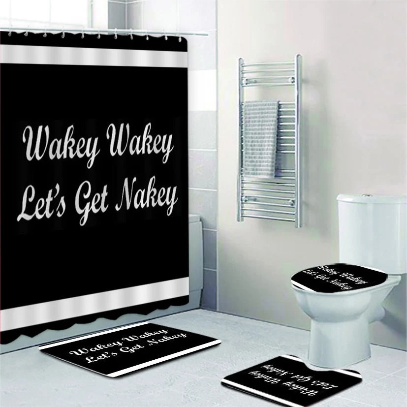 

Black White Wakey Wakey Let's Get Nakey Funny Shower Curtain and Bath Rug Set for Bathroom Toilet Decor Joke Bathroom Mats Gift