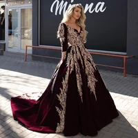 burgundy muslim long evening dress 2020 velvet 34 sleeve arabic gold lace ball gown kaftanturkey prom formal dress evening gown