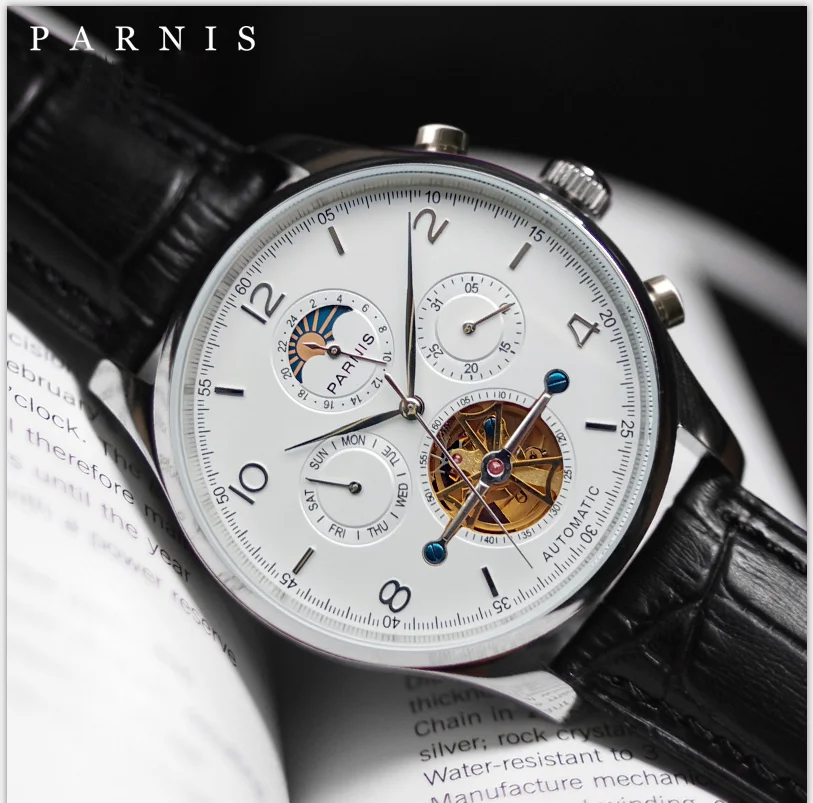 

Parnis 43mm White Dial Automatic Men's Watches Moon Phase Calendar Men Wristwatch JHS35 Movement Mechanical Man Clock box gift