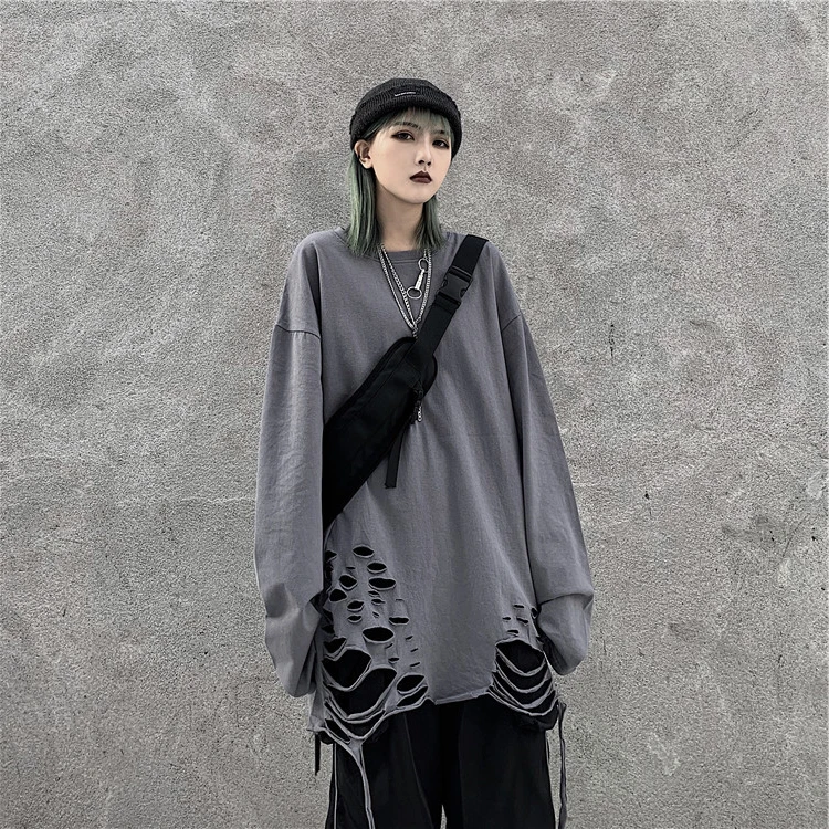 

Women vintage punk long sleeve t shirt black white ripped hole tops ladies harajuku hip hop oversized tee shirts