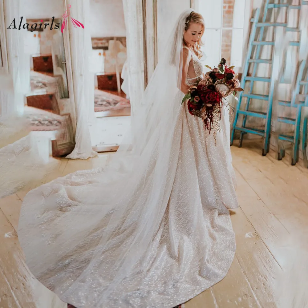 

Alagirls Sparkly Wedding Dress 2020 V Neck Sleeveless Chapel Train Bridal Dress Custom Made vestido de noiva