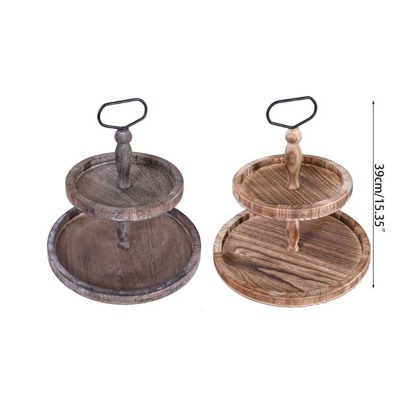 

B03D Round Double Layer Wooden Cake Stand Holder with Metal Handle Dessert Table Tray Cupcake Display Rack Birthday Wedding