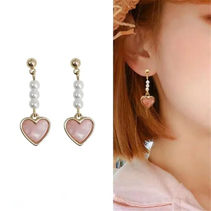 

Gold Color Long Pearl Heart Dangle Earrings For Women Engagement Wedding Graceful Accessories Fashion Earring Gift Jewelry 2021