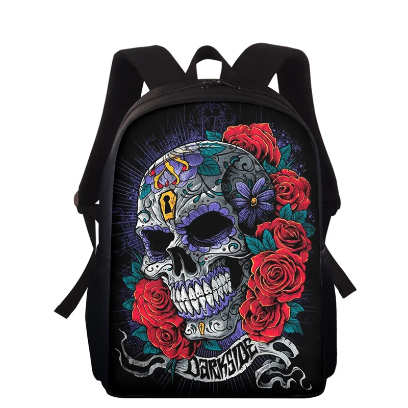 

15-дюймовый школьный рюкзак для подростков, школьный ранец для мальчиков и девочек с принтом черепа и роз, сумки для книг