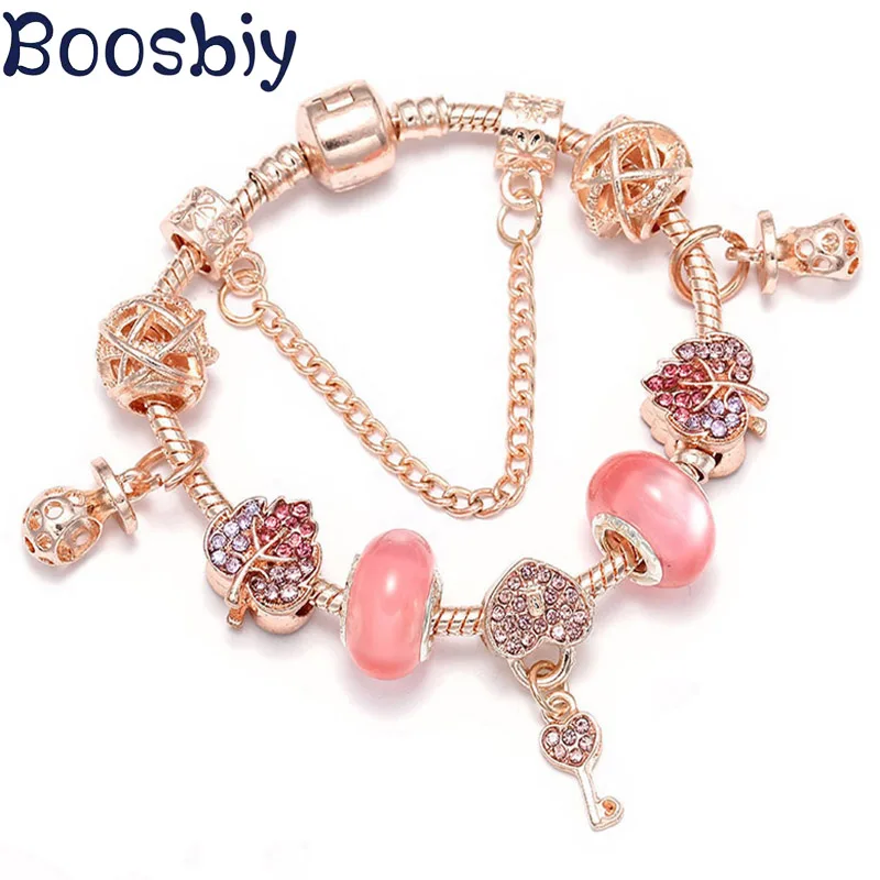 

Boosbiy New Fashion Rose Gold Charm Bracelets For Women Pink Heart Beads Fit Original Brand Bracelets Bangles DIY Jewelry