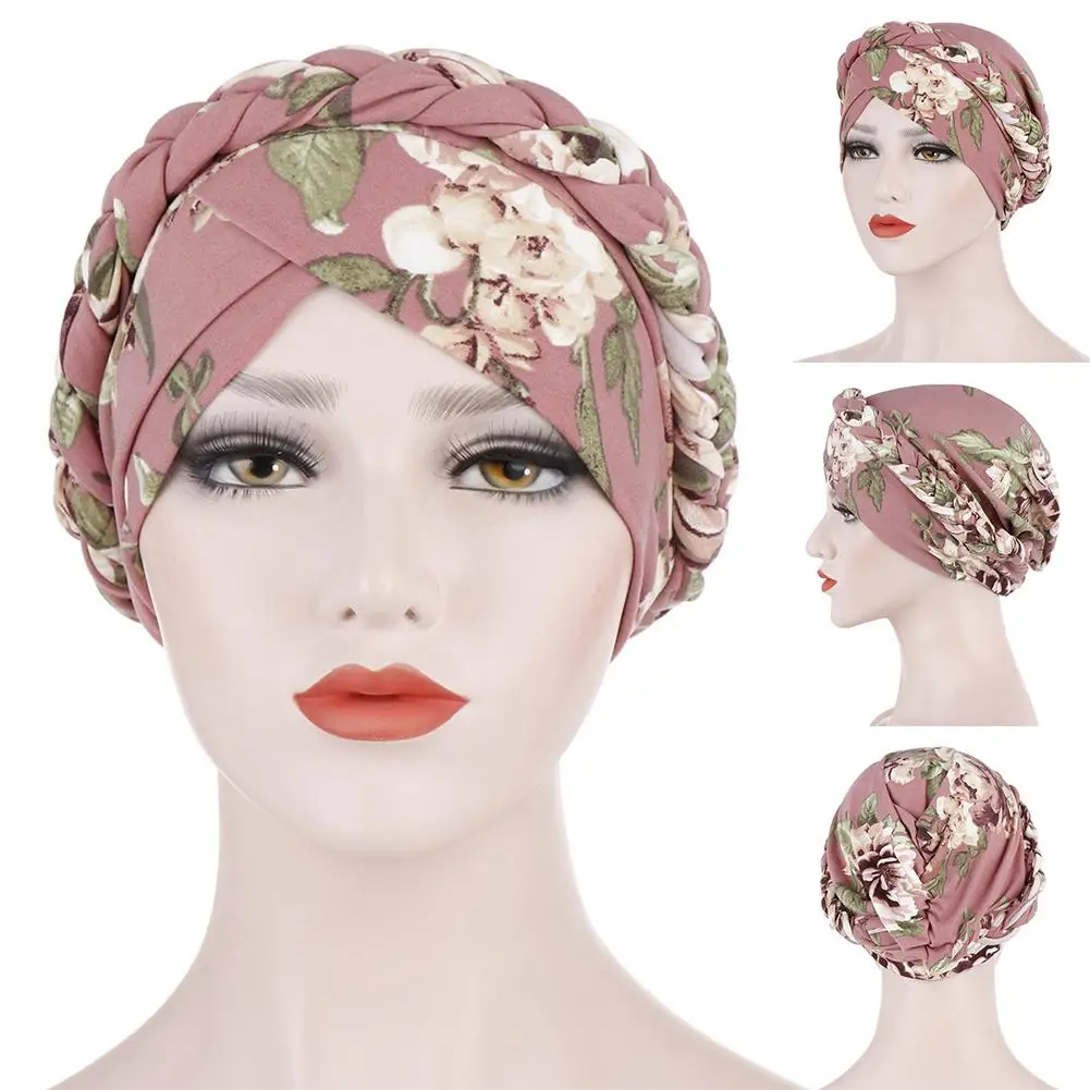 

Fashion Floral Print Braid Women Hat Protective Cover Cap Headwrap Headwear