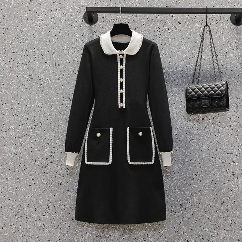 

Женское трикотажное платье-свитер, повседневное черное винтажное трикотажное платье с карманами и жемчужинами, Осень-зима 2021