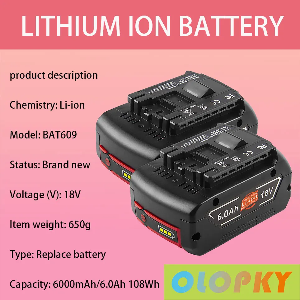 

BAT609 18V 6000mAh lithium battery replacement Bosch 18V battery BAT609 BAT610G BAT618G BAT619 Cordless power tool battery