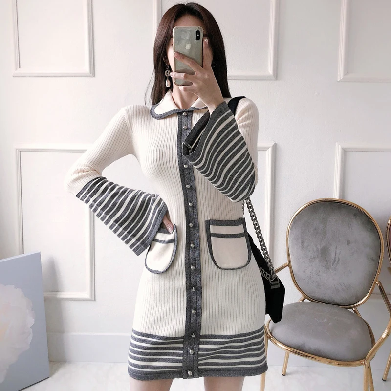

Woman Dress Sweater Dresses For Women's Fall Winter Clothes Korean Style Long Sleeve Striped Knitted Clothing Pocket