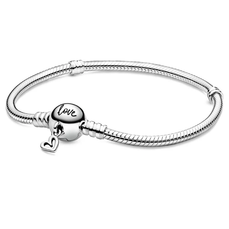 

New 925 Sterling Silver Moments Snake Link With Freehand Heart Clasp Chain Bracelet For Popular Bangle Bead Charm DIY Jewelry