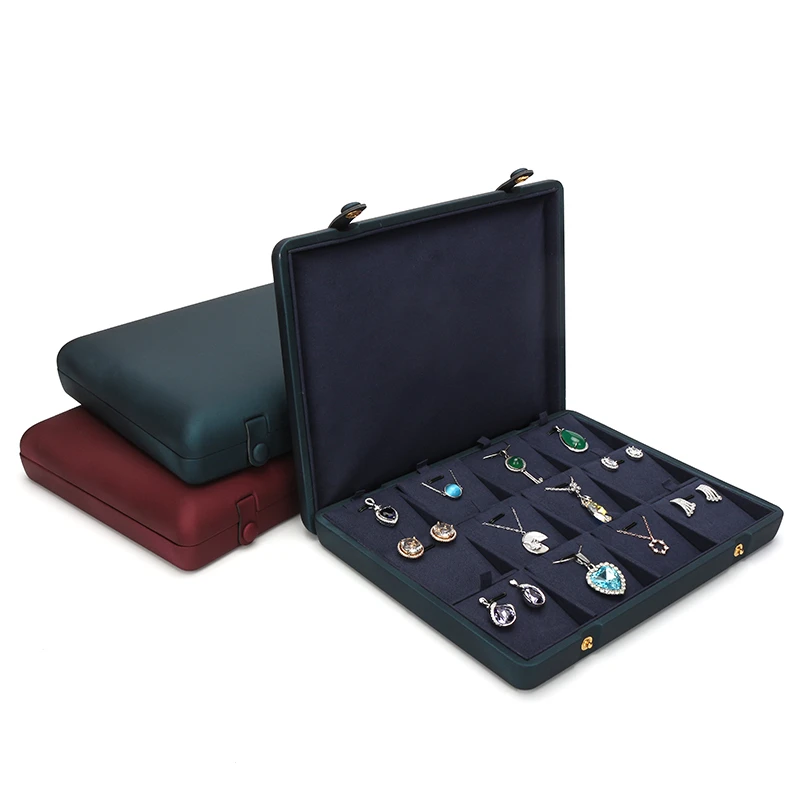 Flat Red Pu Leather Concealed Button Pendant Earring Storage Tray For Counter Window Display Built-in 12 Cells Velvet Card Slot