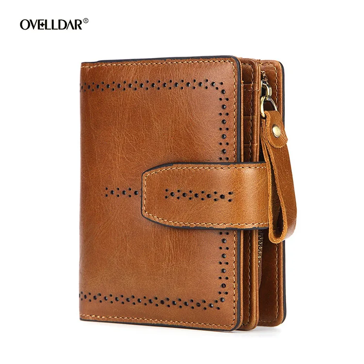 Ladies Wallet New Style RFID Genuine Leather Wallet Woman Short Zipper Bag Oil Wax Cowhide Card Holder