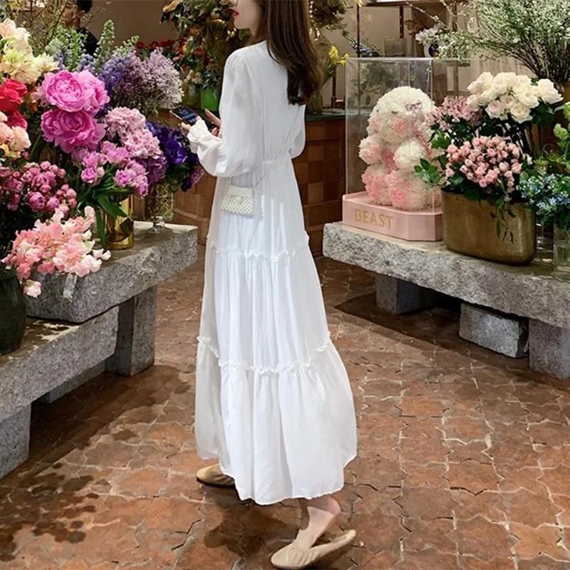

Korean Pritn Long Chiffon Dress Women Elegant Robe 2021 Spring V Neck Lace Up Maxi Woman Dress Party A-line Female Dresses 13722