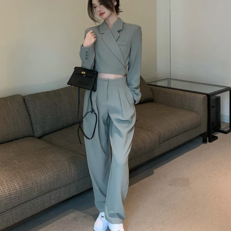 

Женский брючный костюм из 2 предметов, повседневный укороченный пиджак и брюки с высокой талией в Корейском стиле на осень