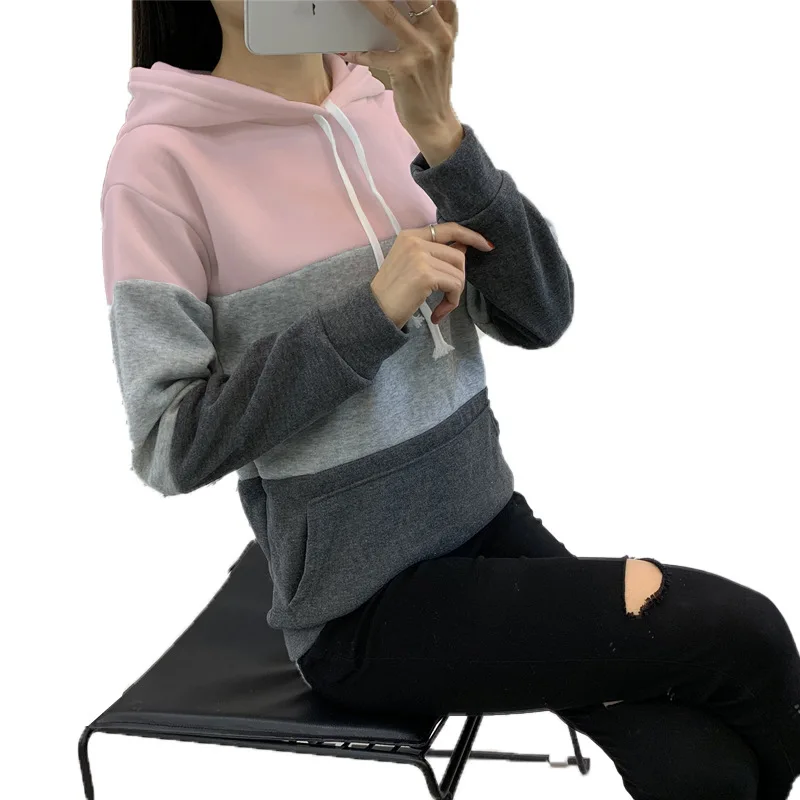 

Fleece Hoodies Oversized Pocket Stitching Sweatshirts Hooded Harajuku Winter Casual Vintage Korean Pullovers Women Sweatshirts