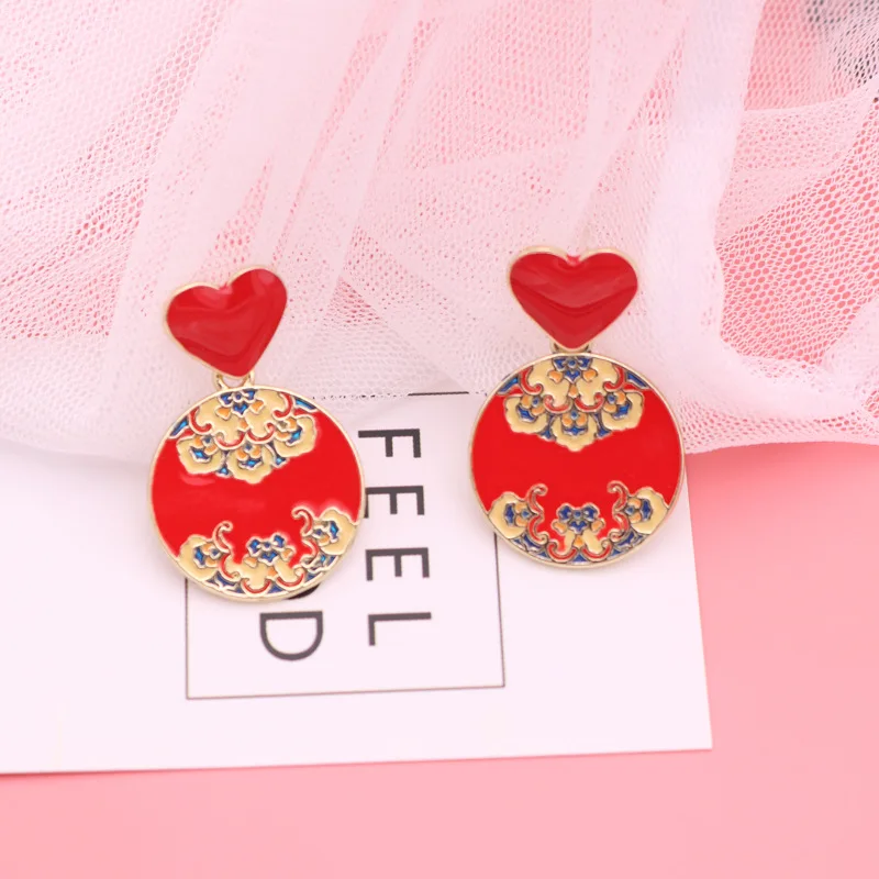 

Chinese Style New Trendy Earrings Female Retro Female Earrings Alloy Drop Oil Round Cheongsam Element Earrings Antique Earrings