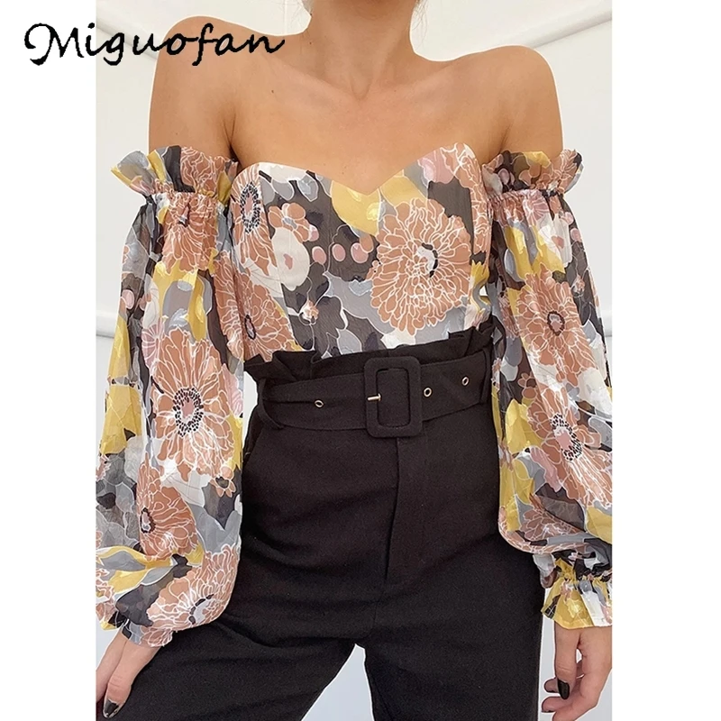Miguofan блузка с открытыми плечами рубашки цветочный принт фонарь длинный рукав