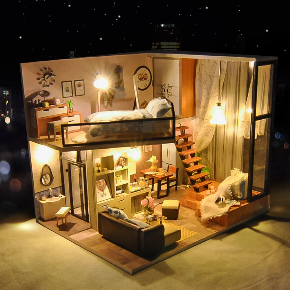

DIY Hut Doll House Toys Kit with Dust Cover Handmade Manual Assembling Model Furniture 3D Wooden Miniature Dollhouse Toys Gifts