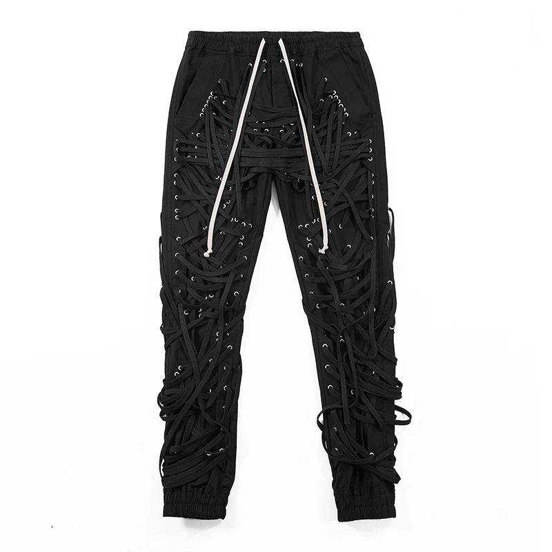 

VGH Stitching Hit Color Bandage Trousers For Women Drawstring Elastic High Waist Pants Female Autumn Fashion 2020 Streetwear New