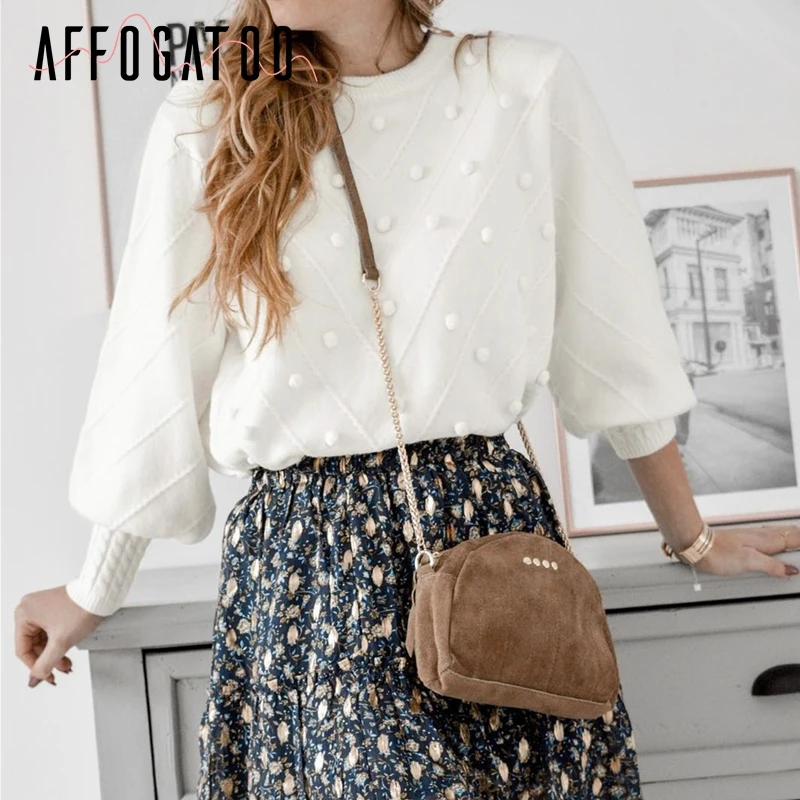 Affogatoo Elegant O neck pompon women white sweater Casual lantern sleeve knitted pullover female ladies sweet jumpers | Женская одежда