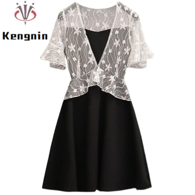 

Летние платья 2021, женское платье большого размера, кружевное шифоновое платье в стиле пэчворк, женские платья, женское платье с имитацией дв...