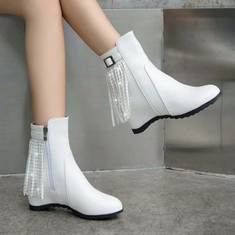 

Новинка 2020, стильные красные Непродуваемые сапоги с кисточками для колледжа, универсальные сапоги с рельефной подкладкой на среднем каблук...