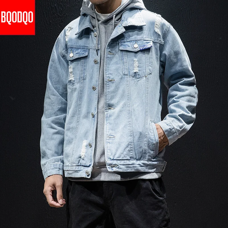 Мужская хлопковая рваная куртка черная джинсовая уличная в стиле преппи для