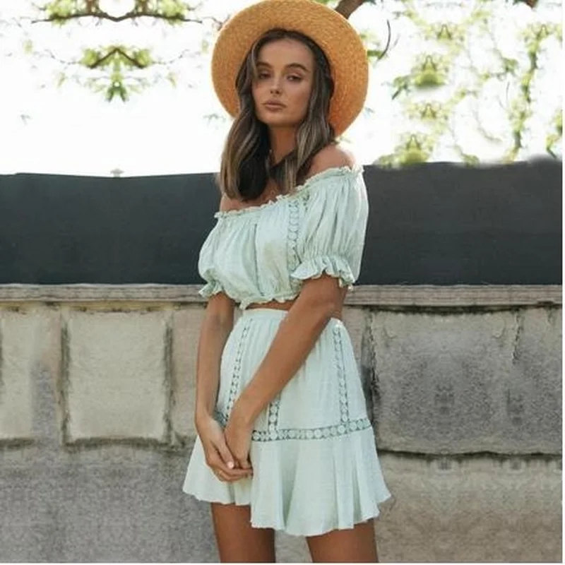 

Summer Two Piece Sets Women Boho Beach Skirts and Tops Casual Lace Two Set Off Shoulder Crop Tops and Short Skirt