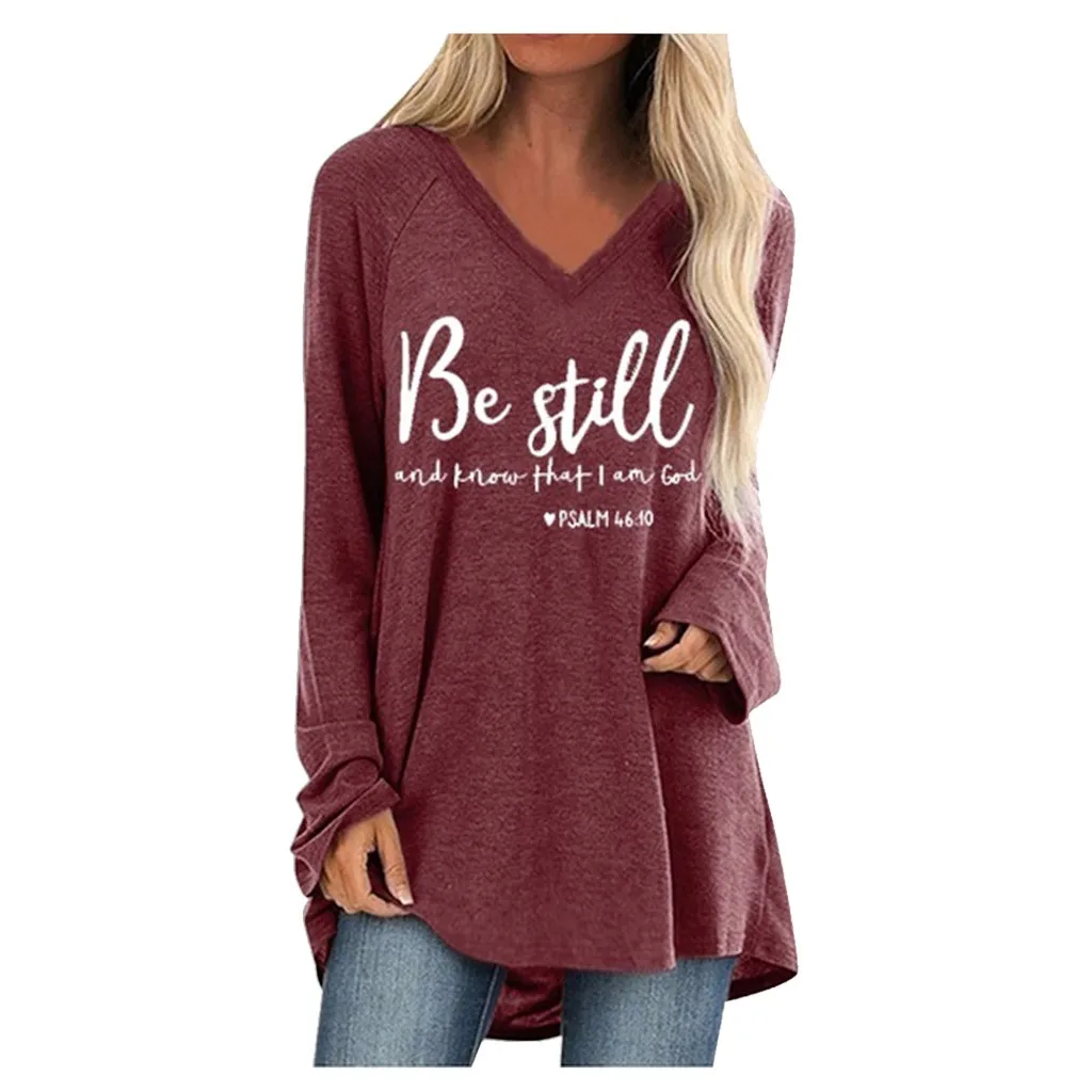 Feitong блузка женская модная с буквенным принтом V образным вырезом длинным рукавом