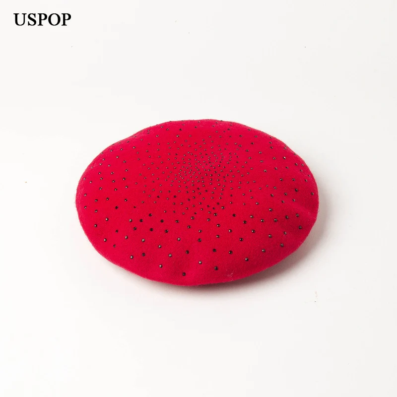 Женский шерстяной берет USPOP черный толстый со стразами для зимы|Женские береты| |