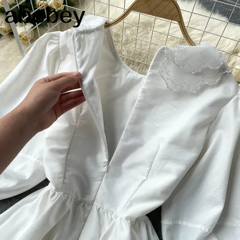 

Women Dress Korean Puff Sleeve A Line Party Dresses Summer White Short Dress